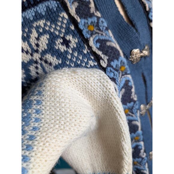 Vintage Norwegian Wool Cardigan | Blue & White Nordic Sweater with Pewter Clasps - Picture 3 of 7